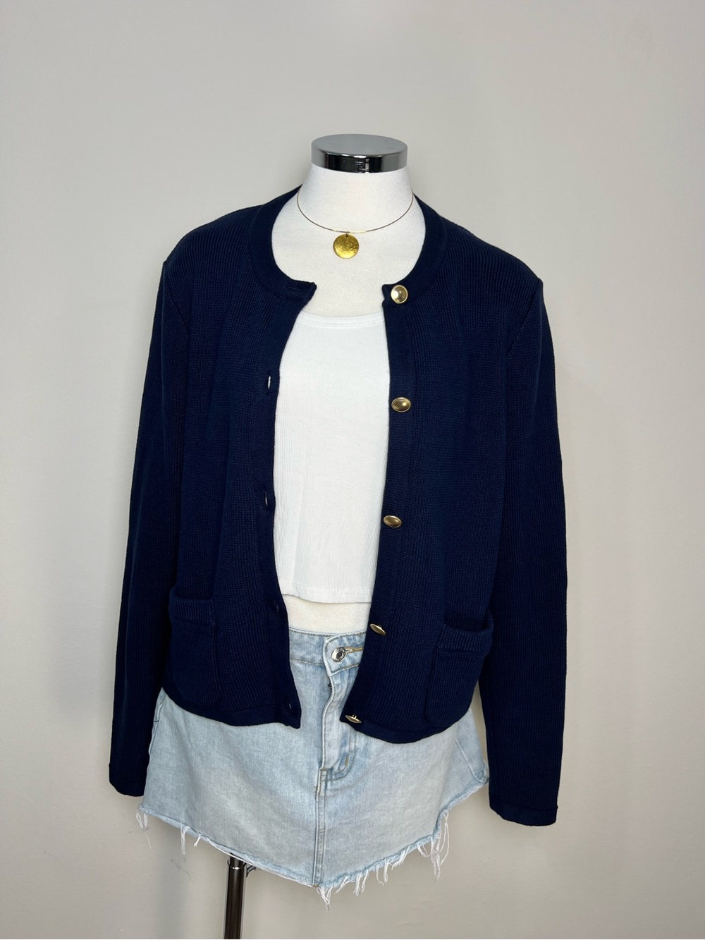Quince Organic Cotton Sweater Jacket Navy Gold Button Cardigan Women's M NWT - Picture 6 of 11